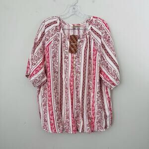 Unixseque Pink And White Floral V Neck Blouse Women’s Size 2XL